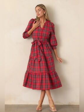 crown & ivy Red Plaid Midi Dress with Tie Waist